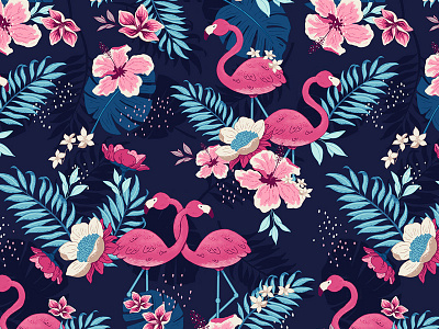 Neon Jungle dark flamingo floral flowers jungle leaves navy neon tropic tropical