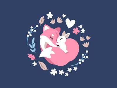 FoxLove bunny children cute cute animals floral flowers fox navy pattern vector