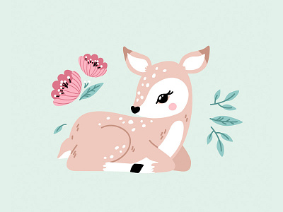 Spring Deer animal children cute deer deer illustration flowers leaves nursery pattern design spring