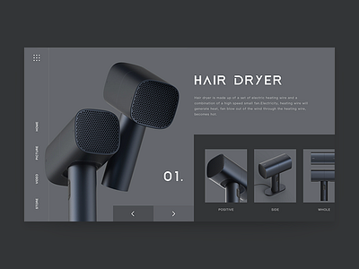 Hair dryer product web home page demo design ui web