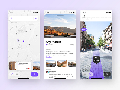Explore the unknown places through Augmented Reality app at black map navigation purple travel ui ux vr