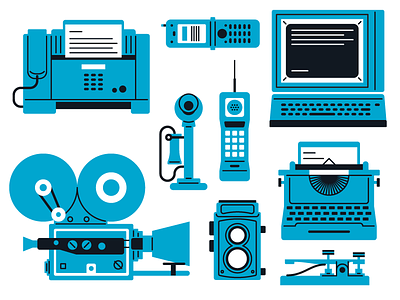 History of Communication Illustrations camera cell phone computer fax icons illustration telegraph typewriter vector video camera