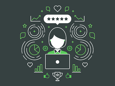 Year in Review "Customer Service" illustration analytics computer data graphs heart icons illustration line art stars trophy vector woman