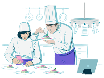 Social Management Solutions Page chef cooking digital drawing editorial illustration food illustration ipad kitchen man scene socialmedia tools woman