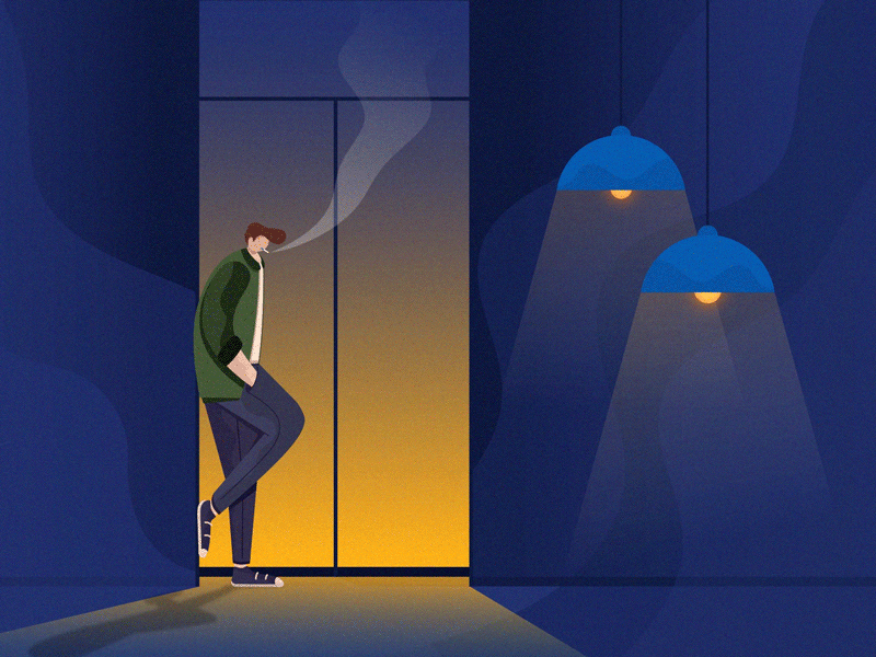 Awaiting aftereffects animation boy character flat illustration lights noise smoke sunset