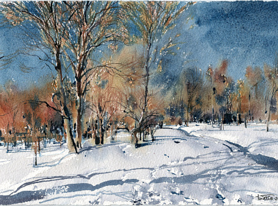 20200212 Snow 19x28 artbatdiversion drawing landscape landscapepainting painting snow watercolor watercolour winter wip