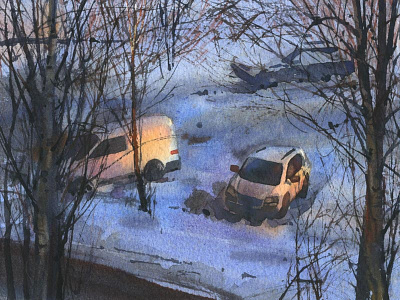 20170127 Cars 14 6x19 2 cityscape landscape painting watercolor winter