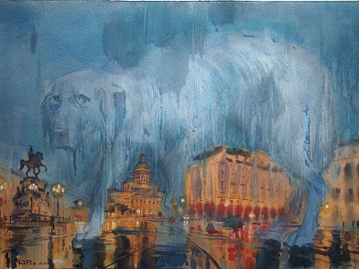 Dog weather allegory cityscape dog illustration new year newyear petersberg surrealism watercolor