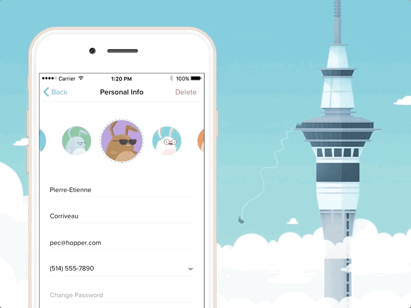 Profile Bunny Picker airfare animation app flight gif interface ios mobile navigation travel ui ux