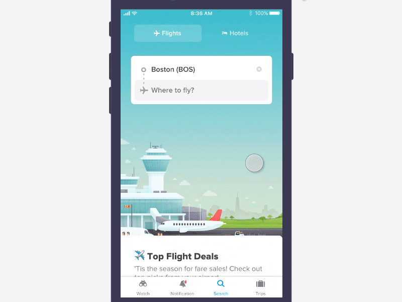 Travel Deal Tuesday animation app gif interface ios minimal mobile product search travel ui ux
