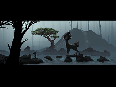 Behind Nowhere : first encounter 16bits animal dark fog game mood moody pixel pixelart retro tree trees water waterfall wip