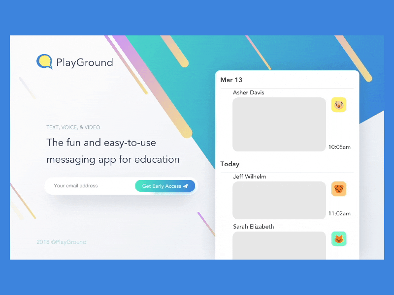 PlayGround: the messaging app for education design web landing page chat messaging flinto education playground