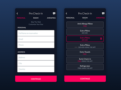 TheBesty App amenities app dark fill form form hotel pink pre check in ui upgrade ux