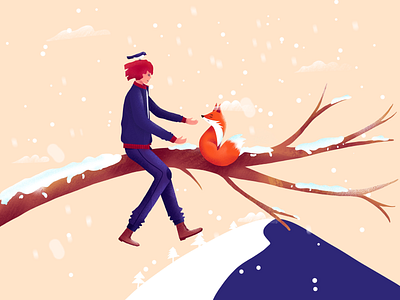 winter boy fox illustration ipad season snow ui vector wind winter