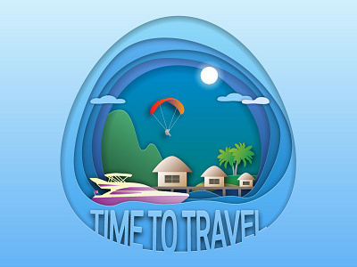 Time to travel emblem with bungalows, paragliding and yacht bungalows cruise emblem label paragliding resort sea summer tourist travel vacation yacht