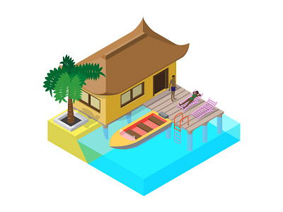 Scene of summer rest in isometric view boat bungalow isometric people pier resort sea summer summertime tourist travel vacation