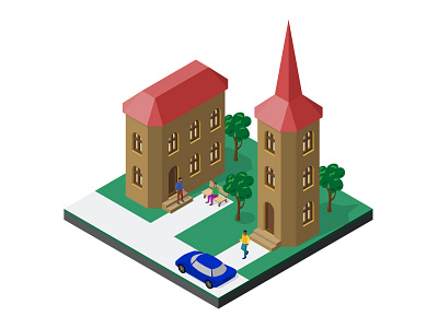 Scene of urban life in isometric view architecture bench building city design isometric people tower town tree urban view