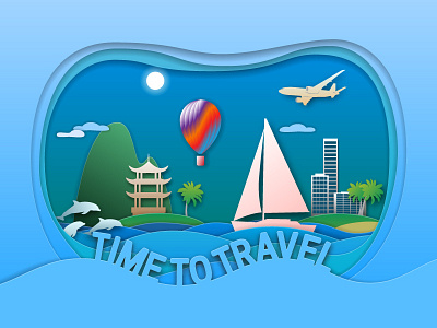 Time to travel with sailing yacht and hot air balloon aircraft balloon coast dolphins pagoda papercut resort sea summer travel vacation yacht