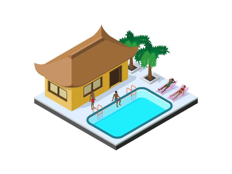 Summer is coming soon summer resort summertime vacation swimming pool landscape sunbeds design building house isometric people