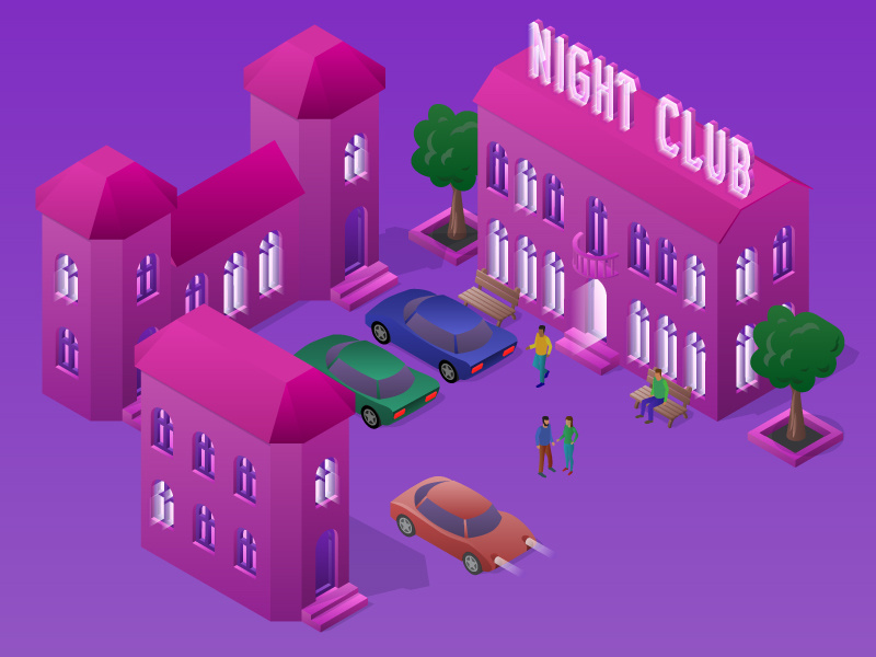 Isometric night club party people feast party town club scene car design building night isometric illustration