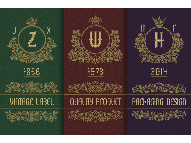 Vintage packaging branding decorative frame logo numbers letters wreath vintage monogram royal label packaging