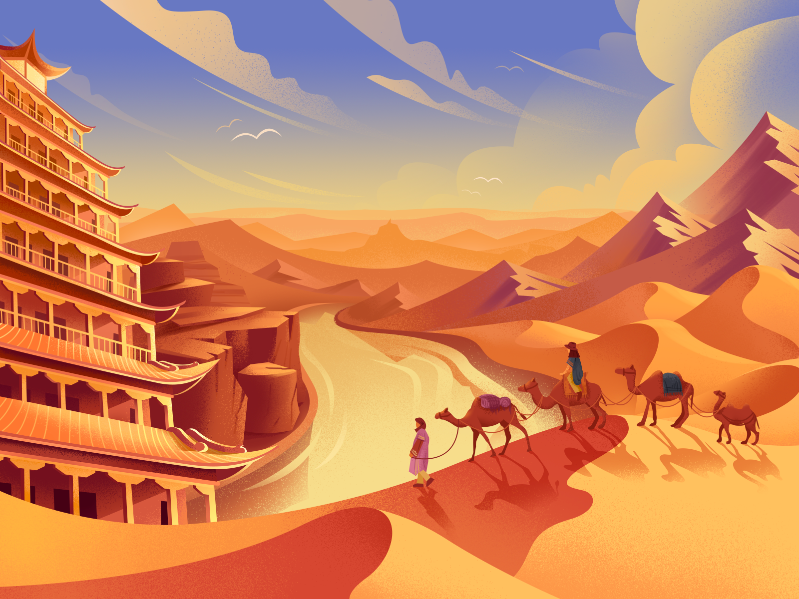 The Silk Road camel design illustration mountain people vector