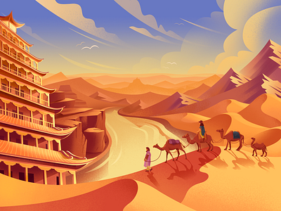 The Silk Road camel design illustration mountain people vector