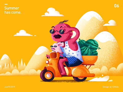 Summer has come. design hill illustration motorcycle people pig summer watermelon