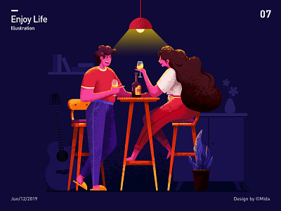 Enjoy life chair conversation cup design guitar home illustration light man night people plant table whisky wine woman