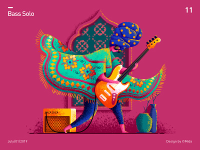 Bass solo design electric guitar flat girl guitar player illustration image india mural pattern people rock scarf shawl sound vector wall