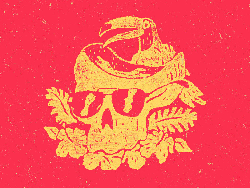 Tropiskull alligator animated gif hibiscus linocut skull sunglasses toucan tropical vintage woodcut