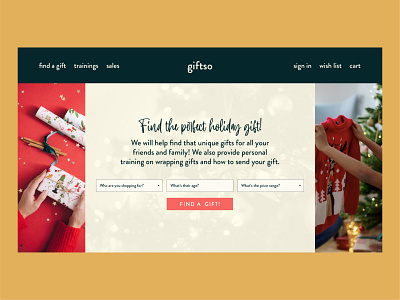 giftso | Day 26 of the Web Design Challenge branding christmas concept gift gift finder header hero banner hero header holiday logo ui ux uxui webdesign website website builder website concept website design website designer wrapping