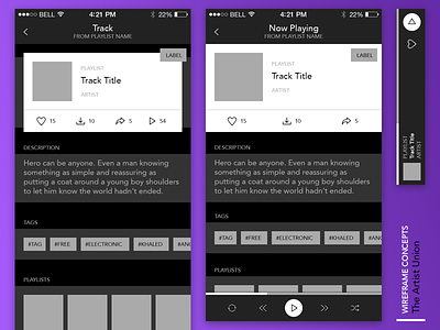 The Artist Union Wireframes app audio interaction itunes label music spotify the artist union track ui ux wireframes