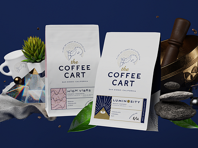 Luminosity and High Vibes branding coffee energy identity illustration label logo monkey package design packaging peace render