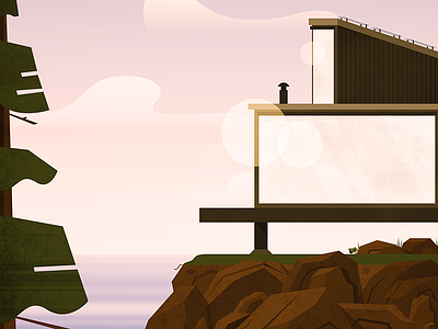 Overlook at Sleeping Bear architecture cabin cliff house illustration lake lake michigan landscape rocks sky sunset tree