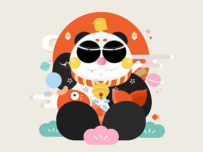 Lucky panda animal bird character chinese cute fish flat graphic illustration lucky panda sun