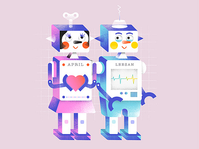Robots lovers blue boy character girl graphic happy heartbeat illustration lovers pink robot sweet