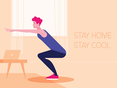 Stay home, stay cool character colors cosy fit flat freelance freelancer healthy home illustration man minimal minimalist sport vector work