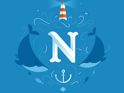 Welcome Noé anchor annoucement babyboy birth blue cute fish lighthouse ocean sea seagull whale