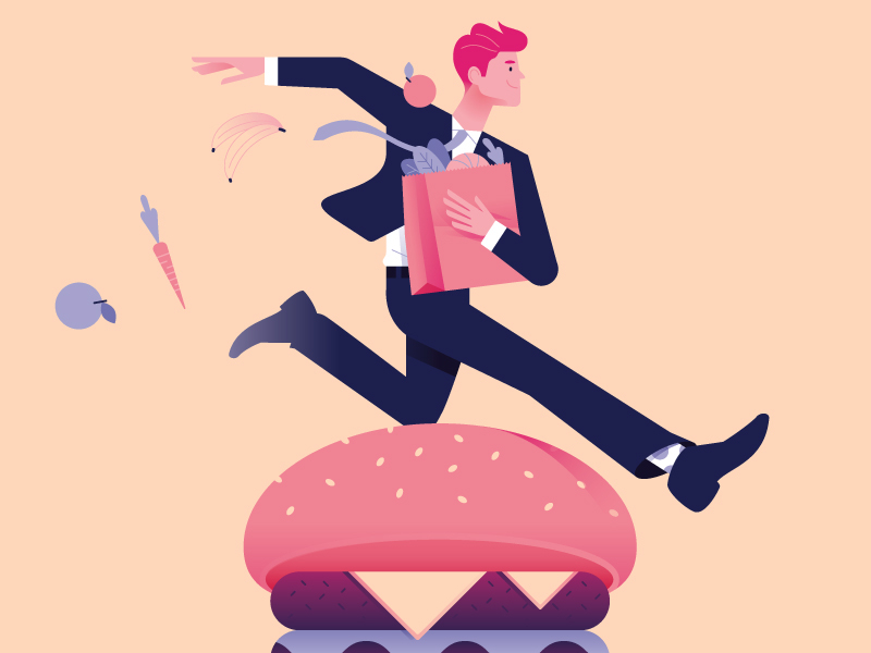 2 simple ways to fight cancer round 2 burger character color colors craft bag flat food healthy illustration man minimal minimalist sport suit vegetables