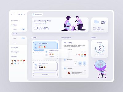 Task Management admin panel attachment card clock color palette doodle interface layout progress project managment remote saas schedule scheduler time team communication time tracking travel trello typography weather