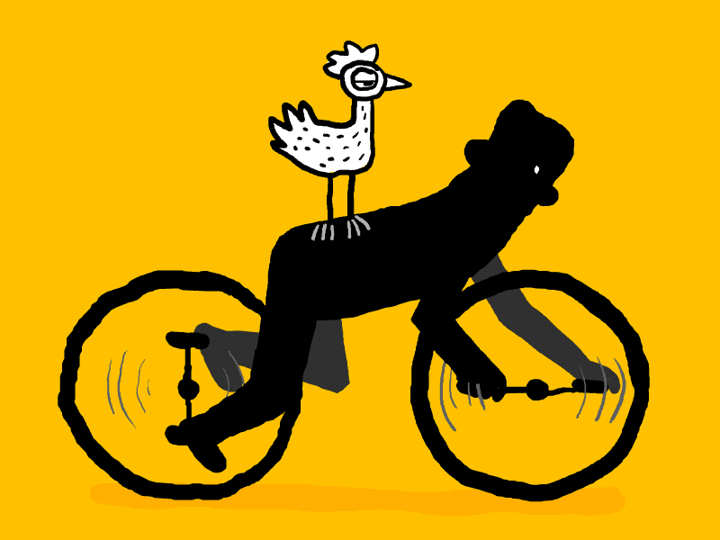 Driving Miss Chicken chicken cycle man yellow