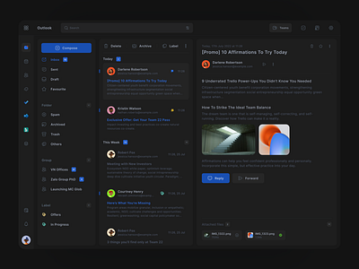 Outlook App Redesign (Dark Mode) chat clean creative darkmode design email figma gmail inspire layout mail message outlook redesign shot ui ux web