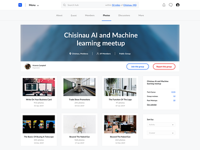 MeetUp conception group 2019 blue bootstrap cards clean minimal social network trend uidesign web website white