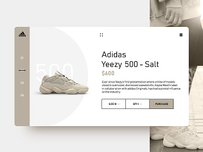 Daily UI Concept 500 adidas 500 digital ecommerce minimalist purchase qty salt shoe shoe store size store ui ux yeezy yeezy adidas