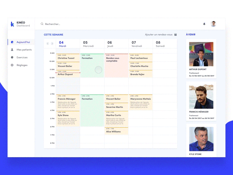 Kinéo - Dashboard navigation animation application calendar card dashboard form health interface ui ux