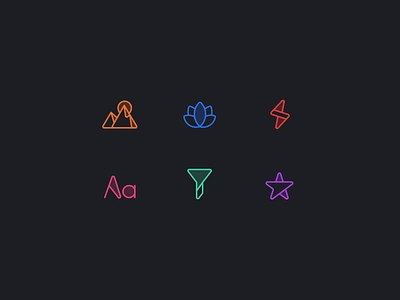 Icon Exploration colorful dark mode filter frame icon exploration iconography icons icons set iconset lightning lotus mountain star type