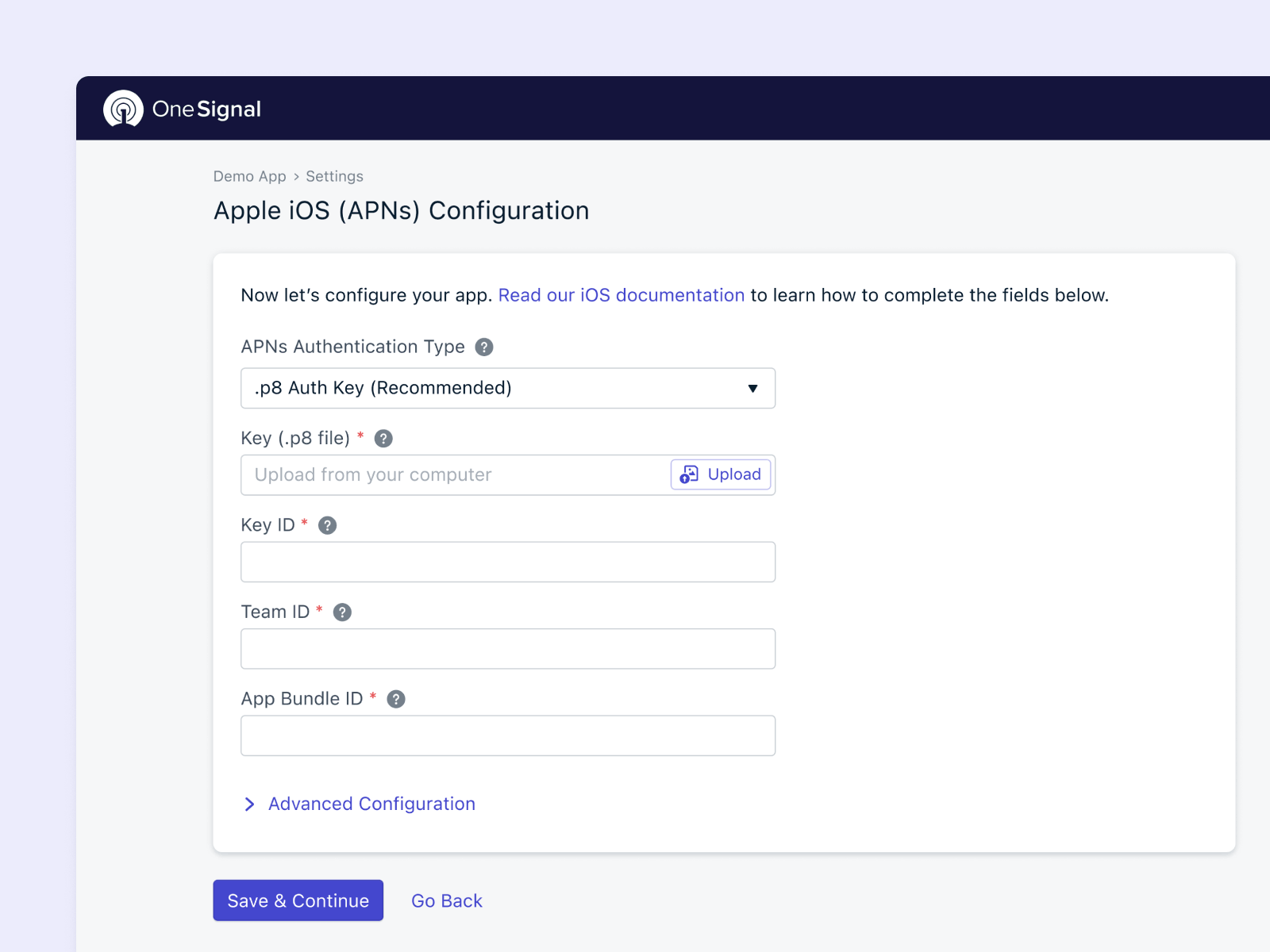 Configure APNs Authentication in OneSignal onesignal product design settings