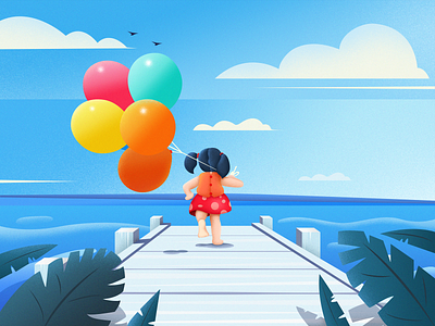 Balloon girl by the sea balloon blue sky sea summer ui 儿童 动画片 插图 设计师