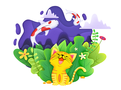 Cat fantasy cartoon cat cat kitten design fish flower green illustration plant purple